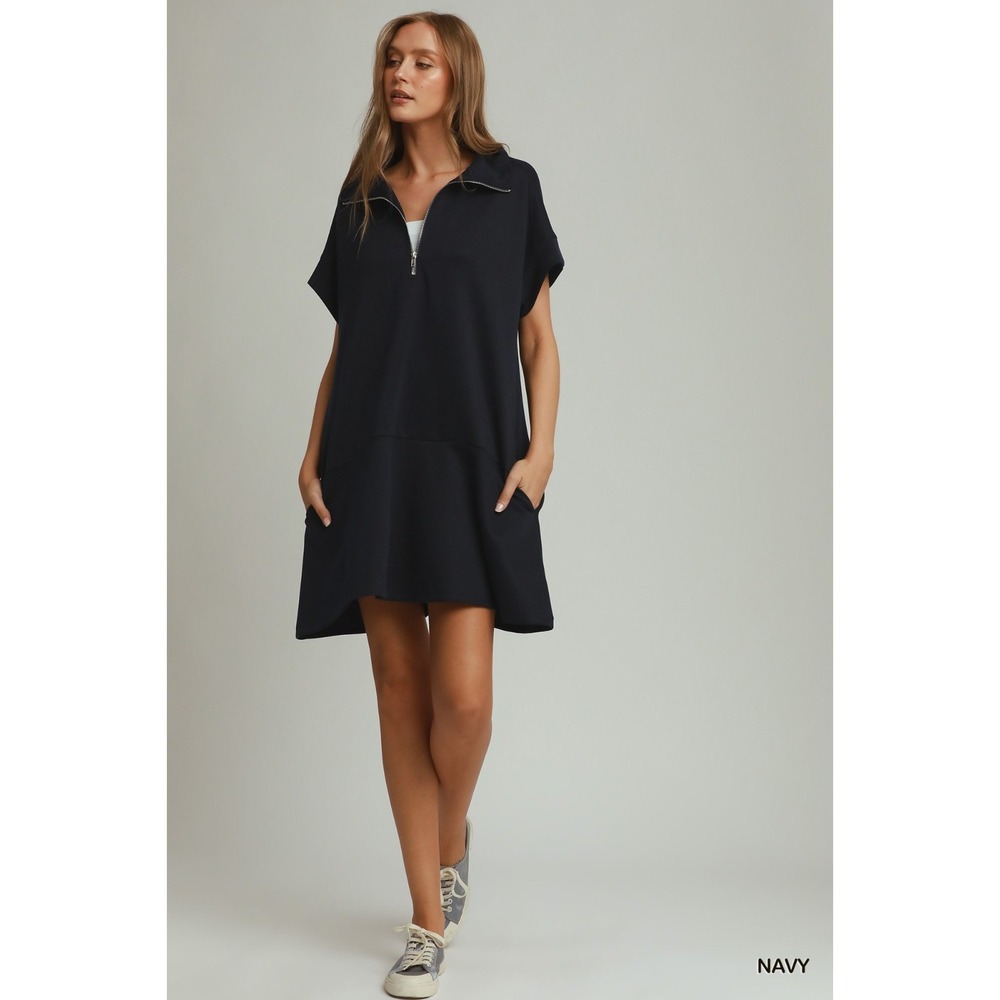 Umgee Collared Quarter Zip Dress with Size Pocket - Navy - Small - Picture 5 of 5